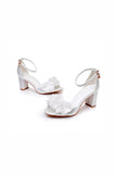 White Open Toe Chunky Heels Bridal Shoes with Flowers