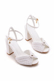 White Open Toe Chunky Heels Bridal Shoes with Pearl