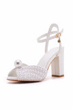 White Open Toe Chunky Heels Bridal Shoes with Pearl