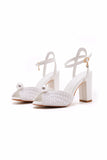 White Open Toe Chunky Heels Bridal Shoes with Pearl