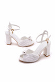 White Open Toe Chunky Heels Bridal Shoes with Pearl