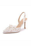 White Pointed Toe Mesh Bridal Sandals with Pearl