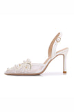 White Pointed Toe Mesh Bridal Sandals with Pearl