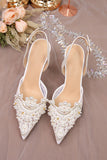 White Pointed Toe Mesh Bridal Sandals with Pearl