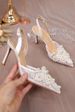 White Pointed Toe Mesh Bridal Sandals with Pearl