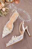 White Pointed Toe Mesh Bridal Sandals with Pearl