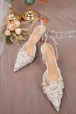 White Pointed Toe Mesh Bridal Sandals with Pearl