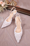 White Pointed Toe Mesh Stiletto Bridal Sandals with Sequins