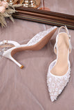 White Pointed Toe Mesh Stiletto Bridal Sandals with Sequins