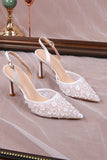 White Pointed Toe Mesh Stiletto Bridal Sandals with Sequins