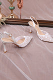 White Pointed Toe Mesh Stiletto Bridal Sandals with Sequins