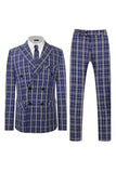 Royal Blue Plaid Peak Lapel Double Breasted 2 Piece Men's Suit