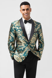 Dark Green One Button Jacquard Men's Prom Blazer with Shawl Lapel