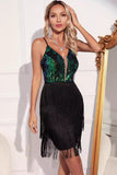 Sparkly Green Black Fringed Sequins Short Prom Dress