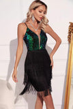 Sparkly Green Black Fringed Sequins Short Prom Dress