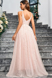 Sparkly Pink A Line Spaghetti Straps Long Prom Dress With Appliques