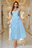 Sky Blue A Line Corset One Shoulder Prom Dress