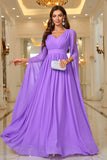 Purple A Line V Neck Long Sleeves Chiffon Prom Dress