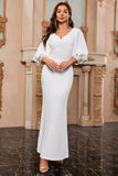 White Mermaid V Neck Long Prom Dress with Puff Sleeves