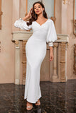 White Mermaid V Neck Long Prom Dress with Puff Sleeves