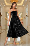 Black Velvet A Line Spaghetti Straps Tea Length Prom Dress