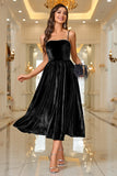 Black Velvet A Line Spaghetti Straps Tea Length Prom Dress