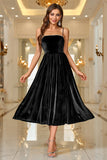 Black Velvet A Line Spaghetti Straps Tea Length Prom Dress