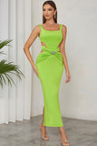 Green A Line Square Neck Hollow Out Pleated Long Formal Party Dress