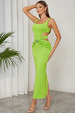 Green A Line Square Neck Hollow Out Pleated Long Formal Party Dress