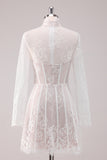 White Lace Corset Short Prom Dress with Long Sleeves