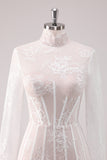 White Lace Corset Short Prom Dress with Long Sleeves