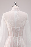 White Lace Corset Short Prom Dress with Long Sleeves