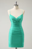 Glitter Green Spaghetti Straps Backless Tight Short Prom Dress