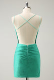 Glitter Green Spaghetti Straps Backless Tight Short Prom Dress