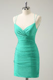 Glitter Green Spaghetti Straps Backless Tight Short Prom Dress