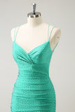 Glitter Green Spaghetti Straps Backless Tight Short Prom Dress