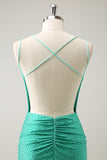 Glitter Green Spaghetti Straps Backless Tight Short Prom Dress