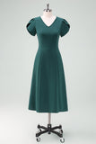 Dark Green V-Neck Mother of the Bride Dress with Short Sleeves