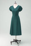 Dark Green V-Neck Mother of the Bride Dress with Short Sleeves