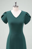 Dark Green V-Neck Mother of the Bride Dress with Short Sleeves