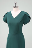 Dark Green V-Neck Mother of the Bride Dress with Short Sleeves