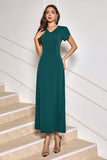 Dark Green V-Neck Mother of the Bride Dress with Short Sleeves