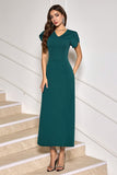 Dark Green V-Neck Tea Length Sheath Mother of the Bride Dress