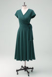 Dark Green A-Line Mother of Bride Dress with Short Sleeves