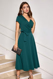 Dark Green A-Line Tea Length Mother of Bride Dress with Belt