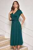 Dark Green A-Line Tea Length Mother of Bride Dress with Belt