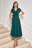 Dark Green A-Line Tea Length Mother of Bride Dress with Belt