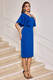 Royal Blue V-Neck Sheath Mother of Bride Dress with Ruffled Sleeves