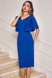 Royal Blue V-Neck Sheath Mother of Bride Dress with Ruffled Sleeves