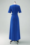 Royal Blue V-Neck Long Mother of Bride Dress with Short Sleeves